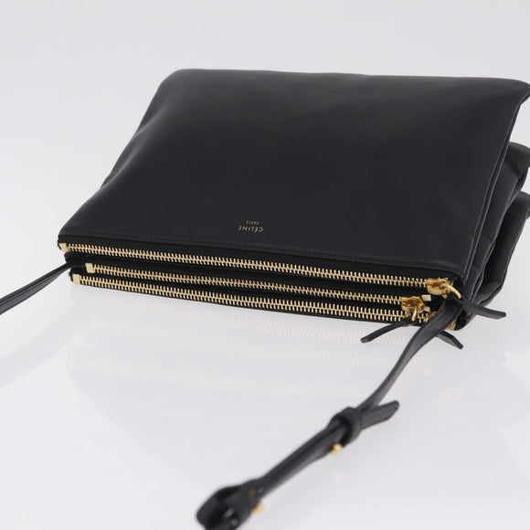 CELINE Trio Large Shoulder Bag Leather Black Gold Auth ki6971M