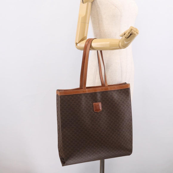 CELINE Macadam Canvas Tote Bag PVC Leather Brown Gold Auth ki6972A
