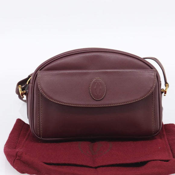 Cartier Shoulder Bag Leather Bordeaux Gold Auth ki6977
