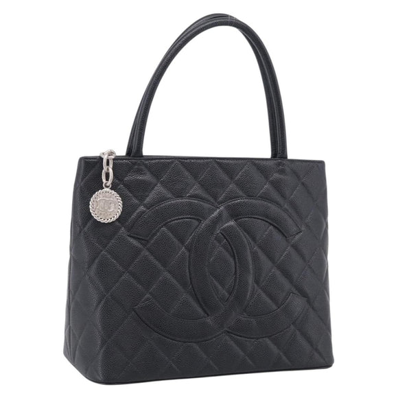 CHANEL COCO Mark Standard Tote Bag Caviar Skin Black Silver CC Auth ki6980M
