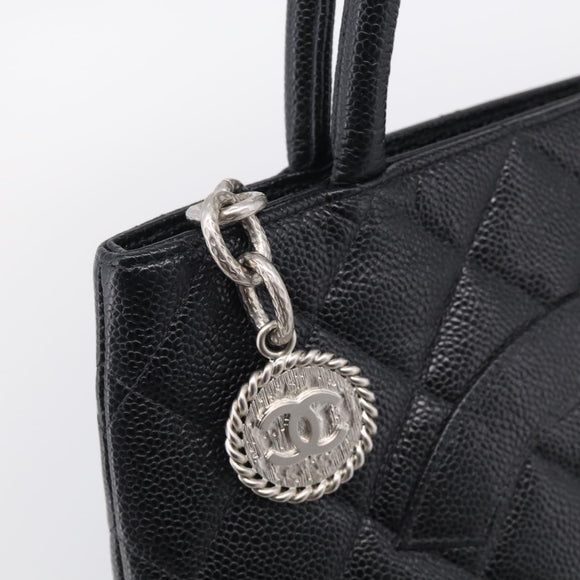 CHANEL COCO Mark Standard Tote Bag Caviar Skin Black Silver CC Auth ki6980M