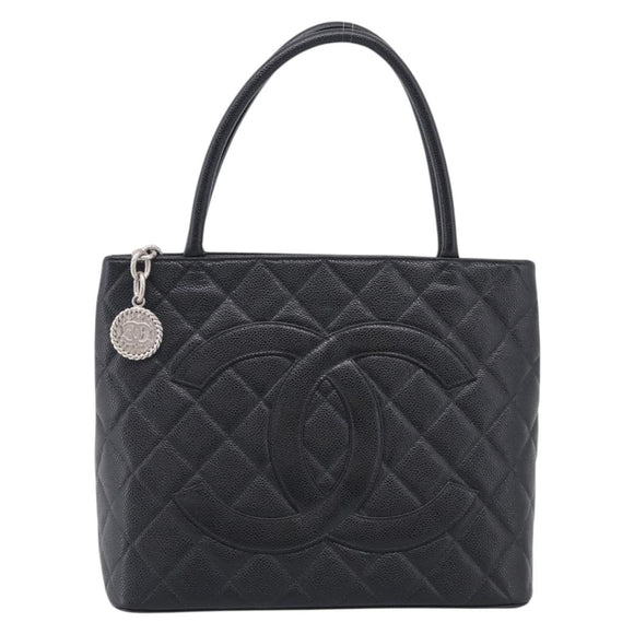 CHANEL COCO Mark Standard Tote Bag Caviar Skin Black Silver CC Auth ki6980M