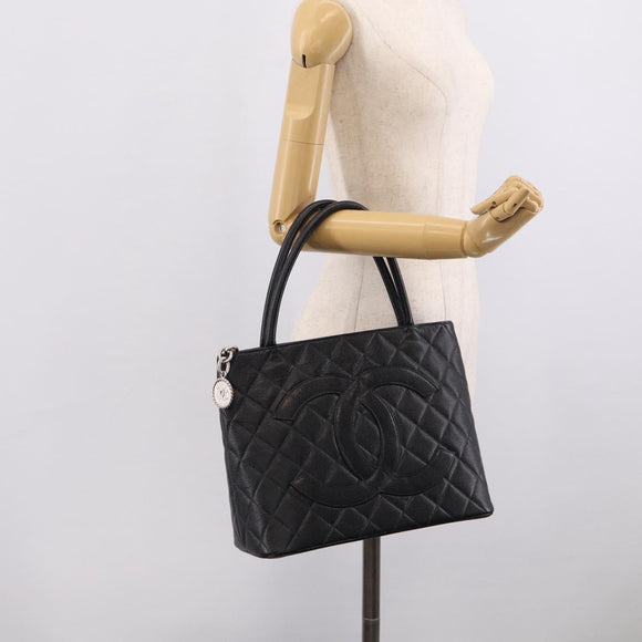 CHANEL COCO Mark Standard Tote Bag Caviar Skin Black Silver CC Auth ki6980M