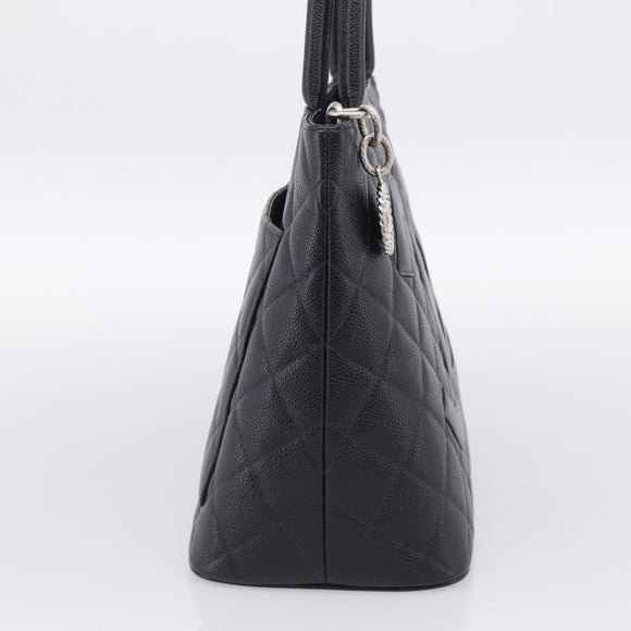 CHANEL COCO Mark Standard Tote Bag Caviar Skin Black Silver CC Auth ki6980M