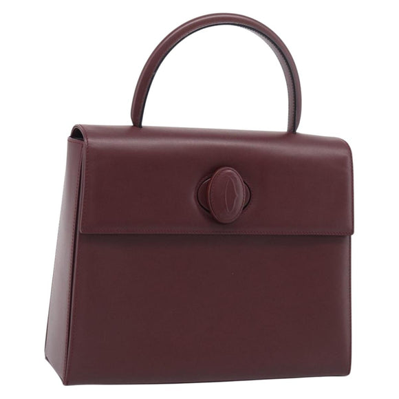 Cartier Turn Lock Hand Bag Leather Bordeaux Gold Auth ki6988M