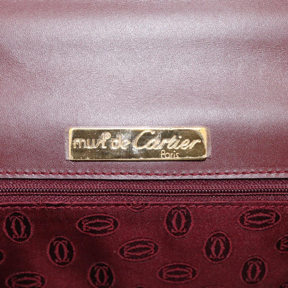 Cartier Turn Lock Hand Bag Leather Bordeaux Gold Auth ki6988M