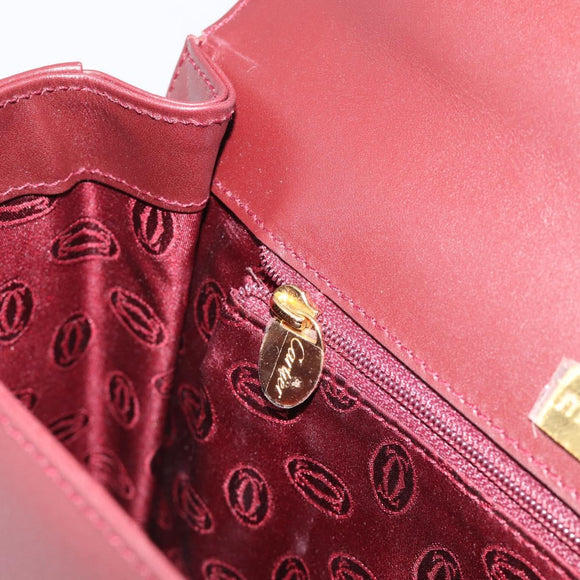 Cartier Turn Lock Hand Bag Leather Bordeaux Gold Auth ki6988M