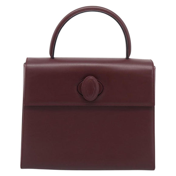 Cartier Turn Lock Hand Bag Leather Bordeaux Gold Auth ki6988M