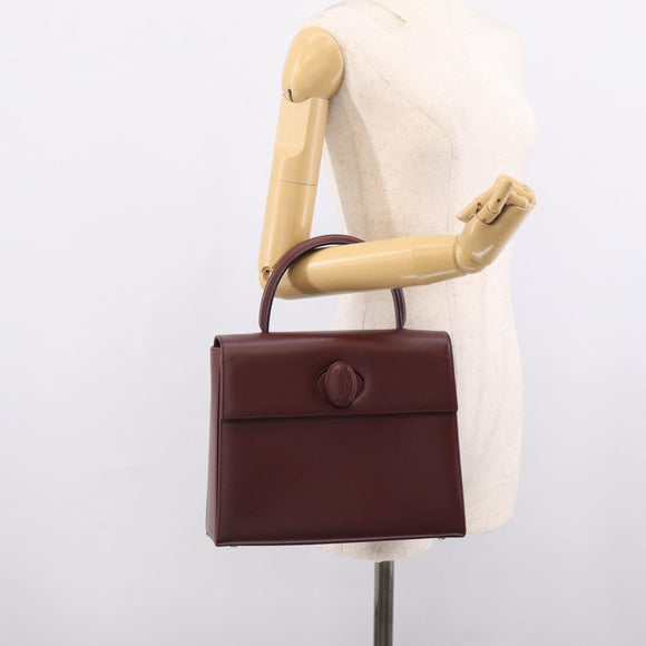 Cartier Turn Lock Hand Bag Leather Bordeaux Gold Auth ki6988M