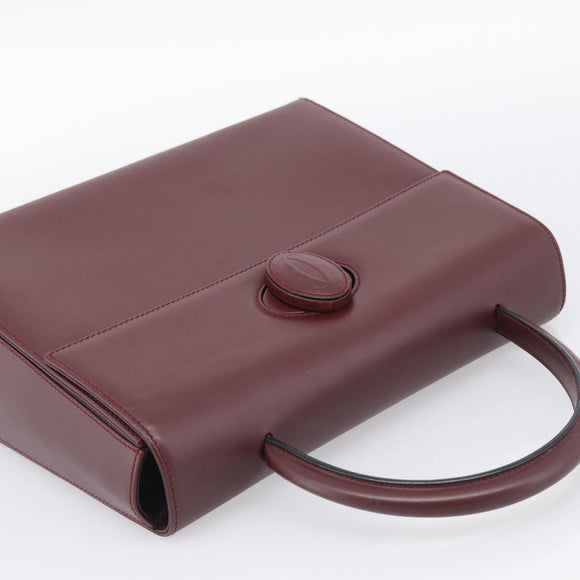 Cartier Turn Lock Hand Bag Leather Bordeaux Gold Auth ki6988M