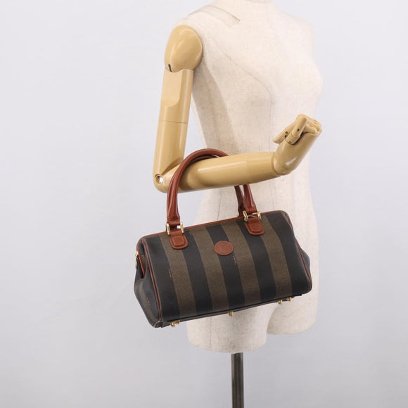 FENDI Pequin Canvas Mini Boston Bag PVC Black Brown Auth ki6990A