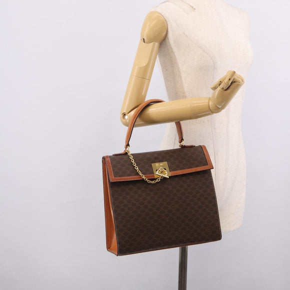 CELINE Macadam Canvas Hand Bag PVC Leather Brown Gold Auth ki6998M