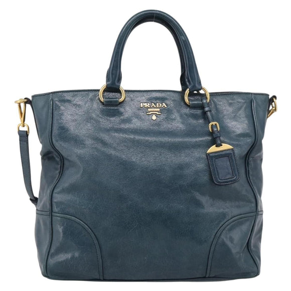 PRADA Tote Bag Leather 2way Blue Gold Auth ki7003V