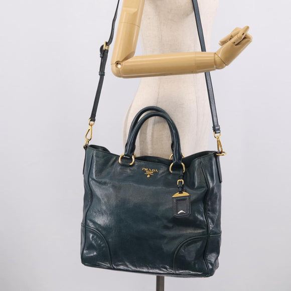 PRADA Tote Bag Leather 2way Blue Gold Auth ki7003V