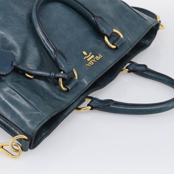 PRADA Tote Bag Leather 2way Blue Gold Auth ki7003V