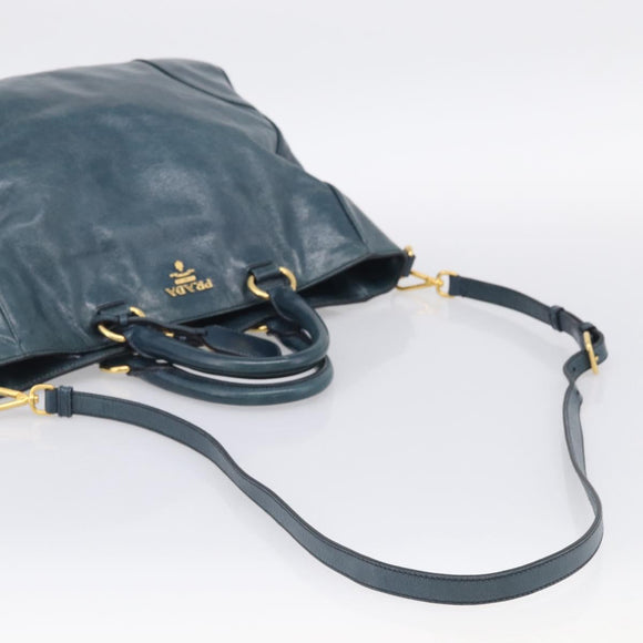 PRADA Tote Bag Leather 2way Blue Gold Auth ki7003V