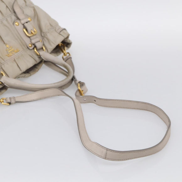 PRADA Gathered Hand Bag Nylon Leather 2way Beige Gold Auth ki7004