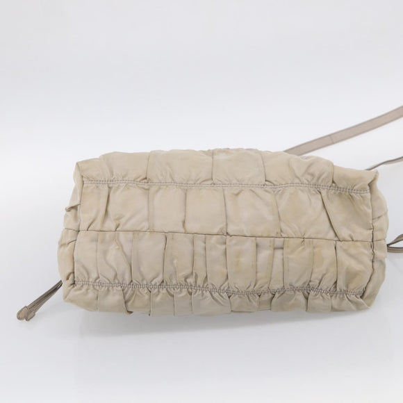 PRADA Gathered Hand Bag Nylon Leather 2way Beige Gold Auth ki7004