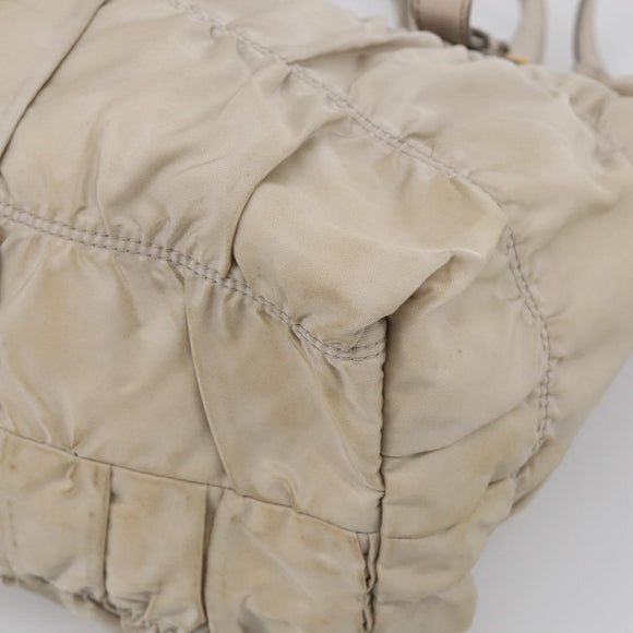 PRADA Gathered Hand Bag Nylon Leather 2way Beige Gold Auth ki7004
