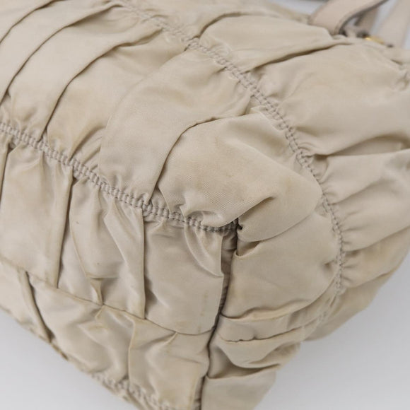 PRADA Gathered Hand Bag Nylon Leather 2way Beige Gold Auth ki7004