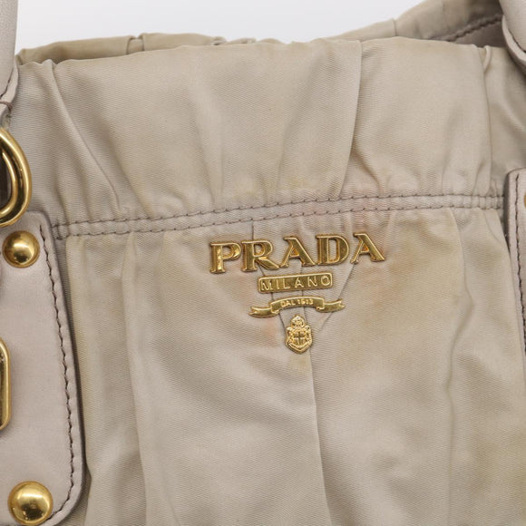 PRADA Gathered Hand Bag Nylon Leather 2way Beige Gold Auth ki7004