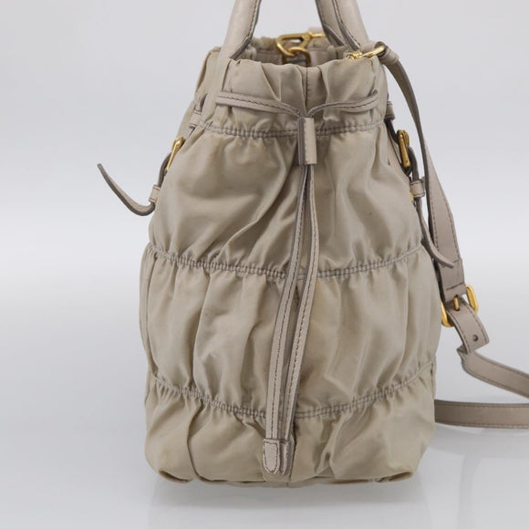 PRADA Gathered Hand Bag Nylon Leather 2way Beige Gold Auth ki7004