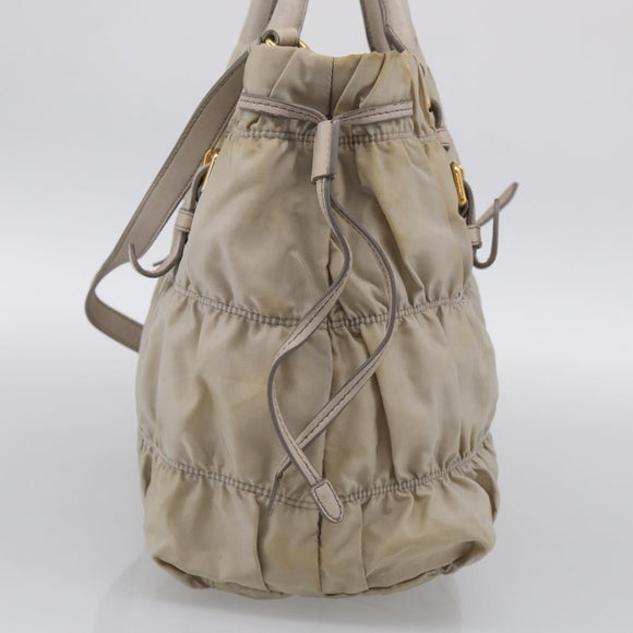 PRADA Gathered Hand Bag Nylon Leather 2way Beige Gold Auth ki7004