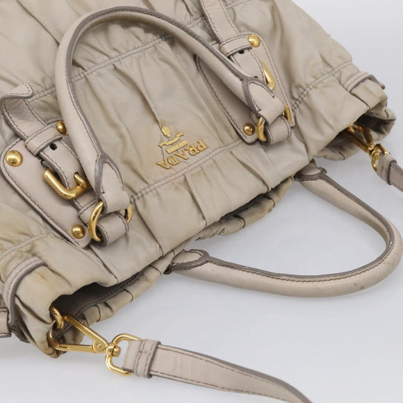 PRADA Gathered Hand Bag Nylon Leather 2way Beige Gold Auth ki7004