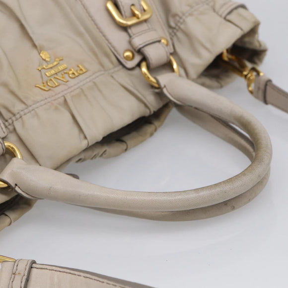 PRADA Gathered Hand Bag Nylon Leather 2way Beige Gold Auth ki7004