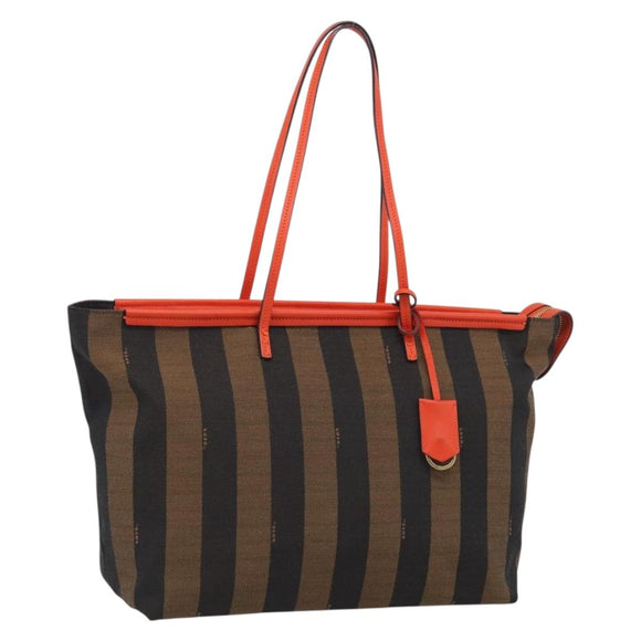 FENDI Pequin Canvas Tote Bag Brown Black Auth ki7008V