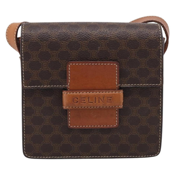 CELINE Macadam Canvas Shoulder Bag PVC Leather Brown Gold Auth ki7015V