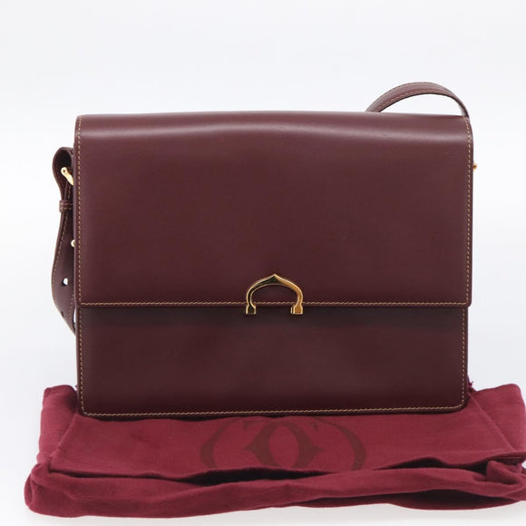 Cartier Shoulder Bag Leather Bordeaux Gold Auth ki7016V