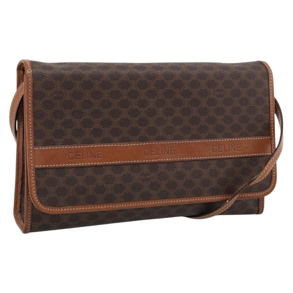 CELINE Macadam Canvas Shoulder Bag PVC Leather Brown Gold Auth ki7021A