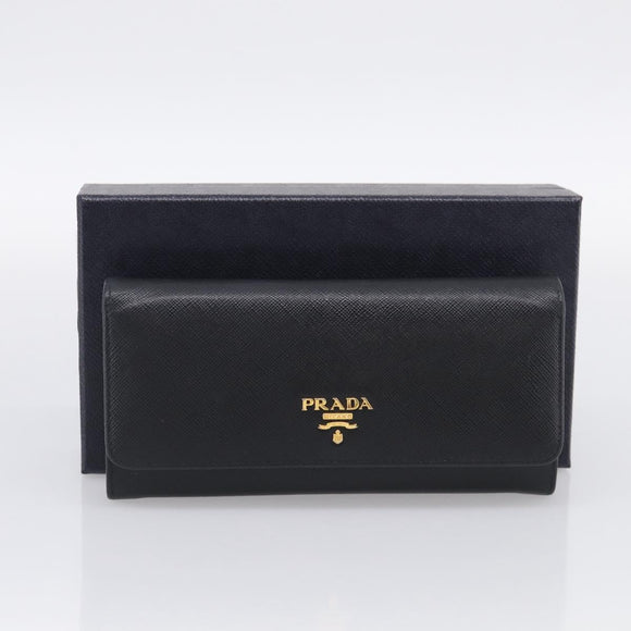 PRADA Wallet Safiano Leather Black Gold Auth ki7023V