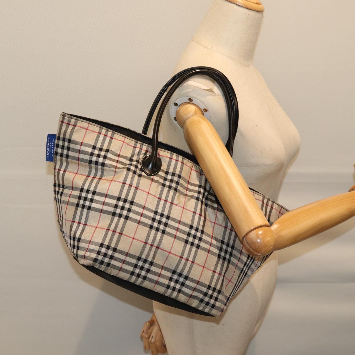 BURBERRY Nova Check Blue Label Tote Bag Nylon Beige Auth kk213