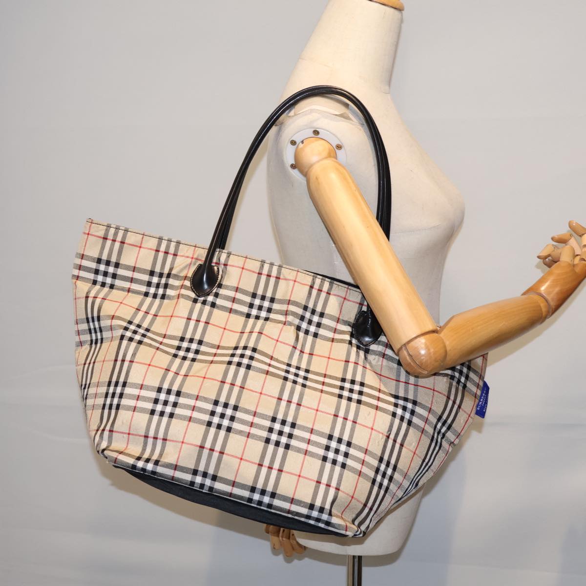 BURBERRY Nova Check Blue Label Tote Bag Nylon Beige Black Auth kk218