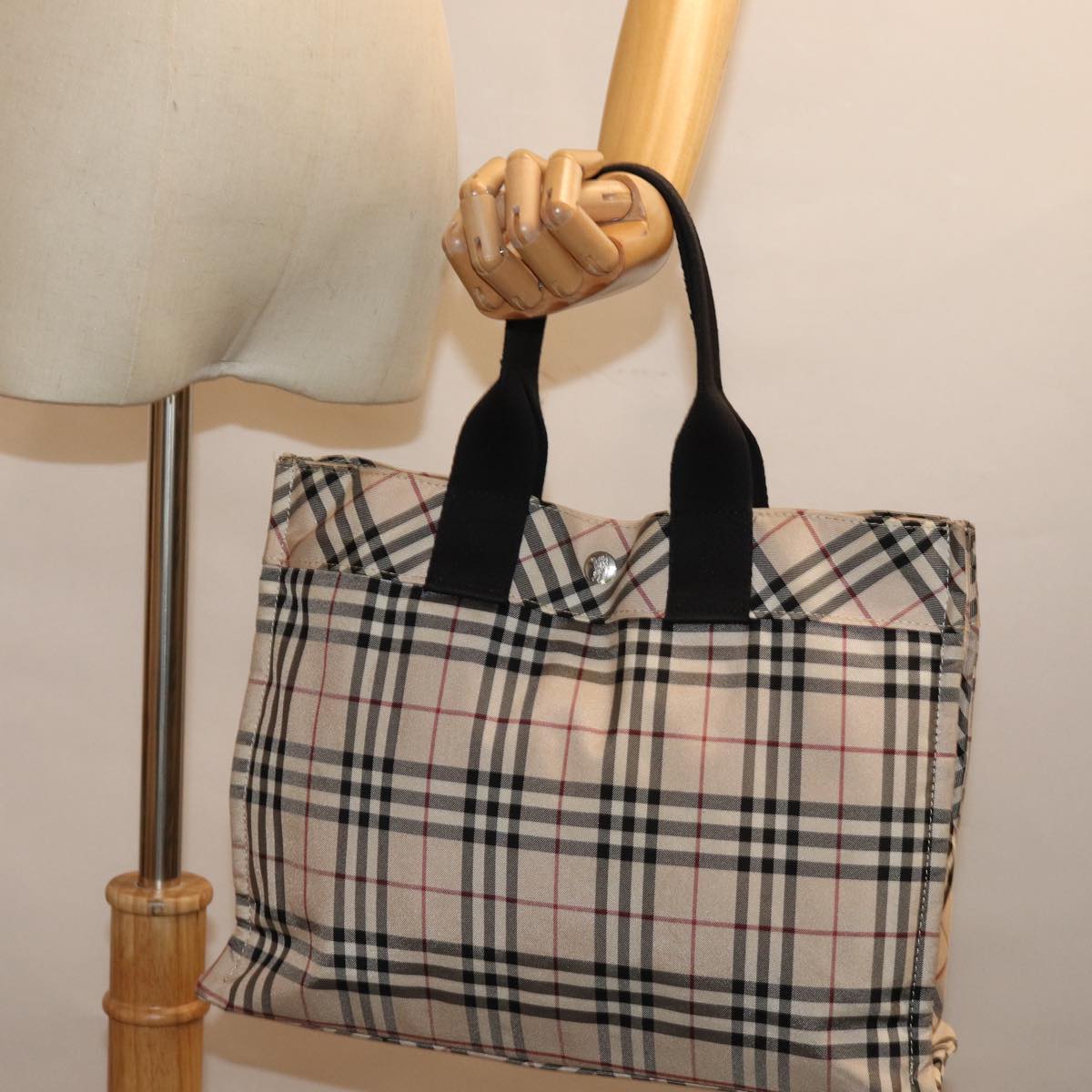 BURBERRY Nova Check Blue Label Hand Bag Nylon Beige Auth kk235