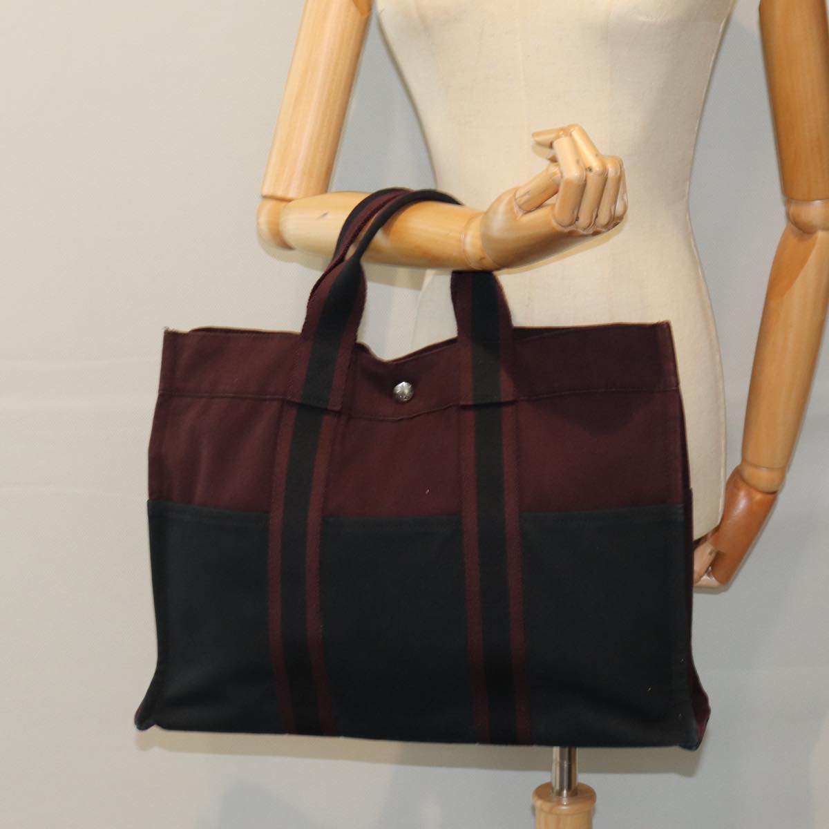 HERMES Fourre Tout MM Tote Bag Canvas Bordeaux Auth kk257