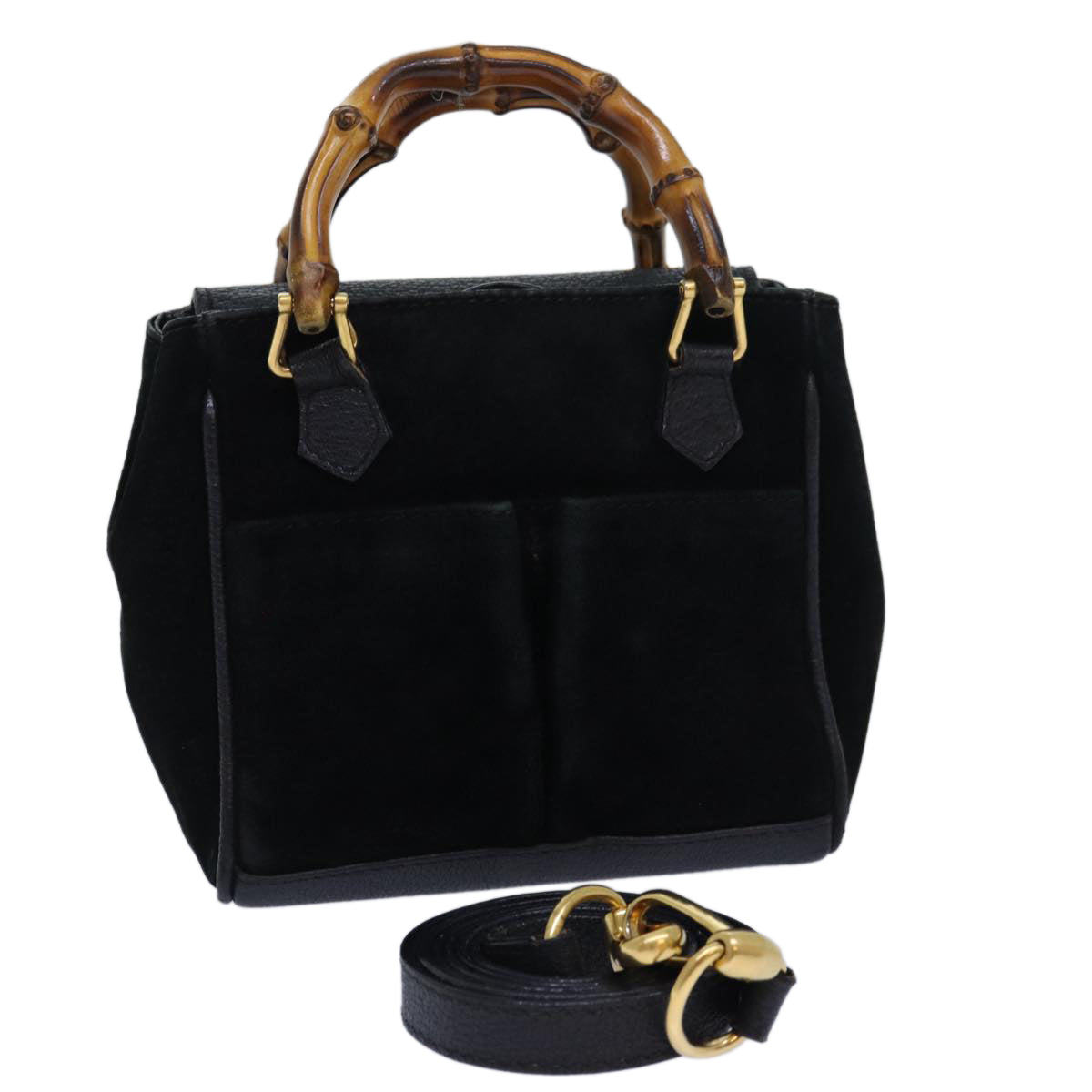 GUCCI Bamboo Hand Bag Suede 2way Black Auth kk266