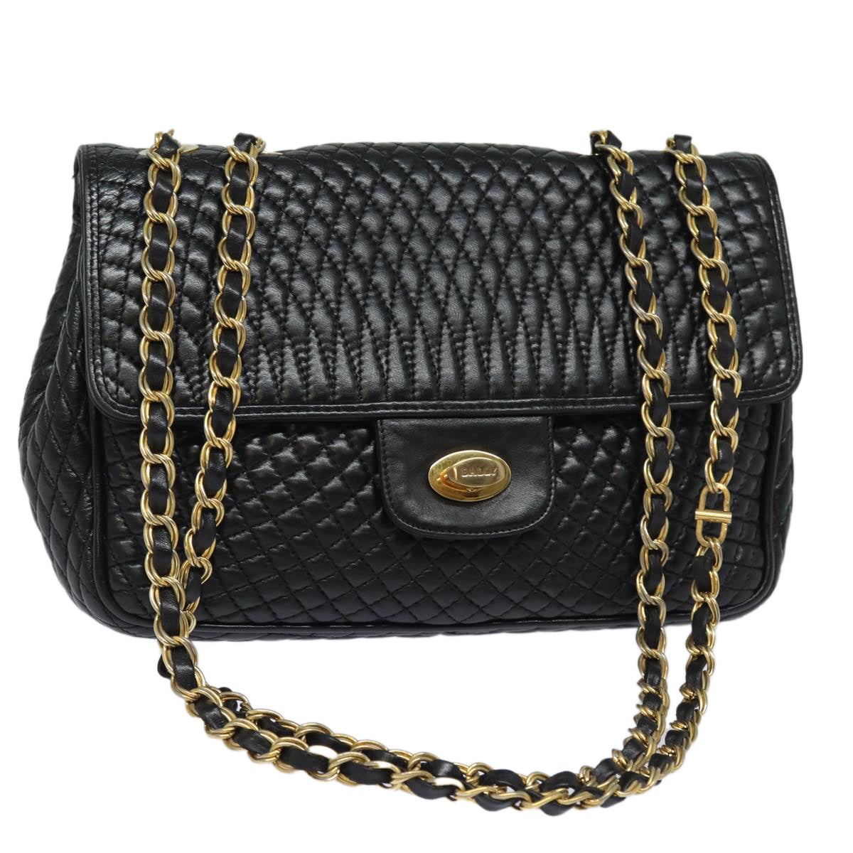 BALLY Quilted Chain Shoulder Bag Leather Black Auth kk268