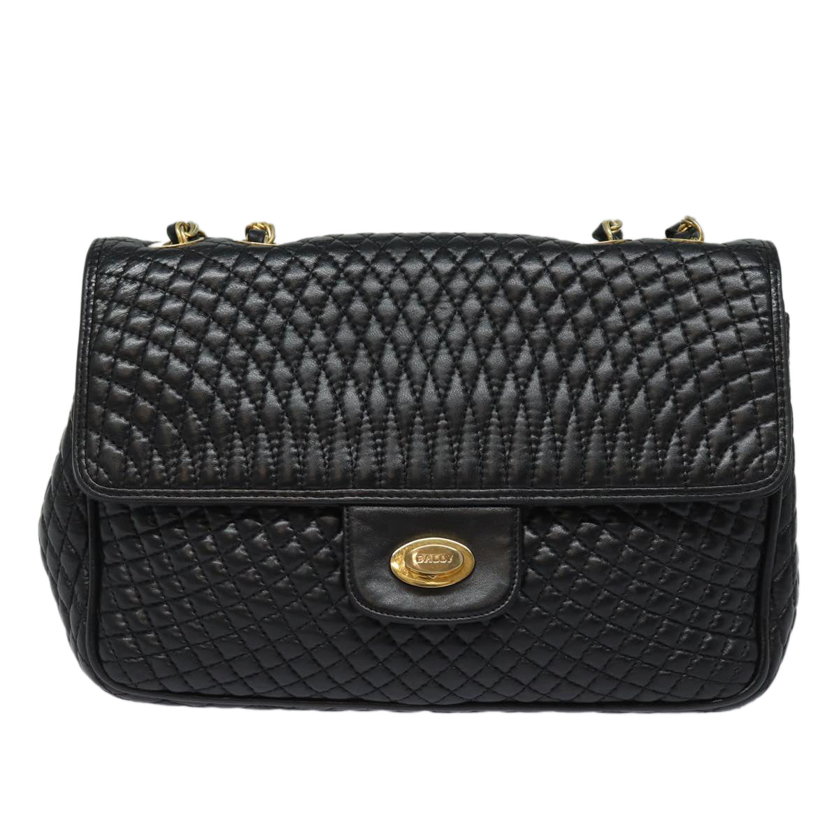 BALLY Quilted Chain Shoulder Bag Leather Black Auth kk268 - 0