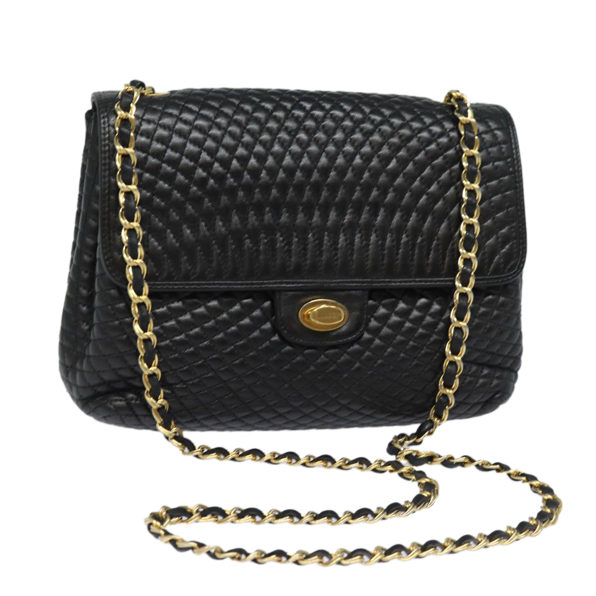 BALLY Quilted Chain Shoulder Bag Leather Black Auth kk270