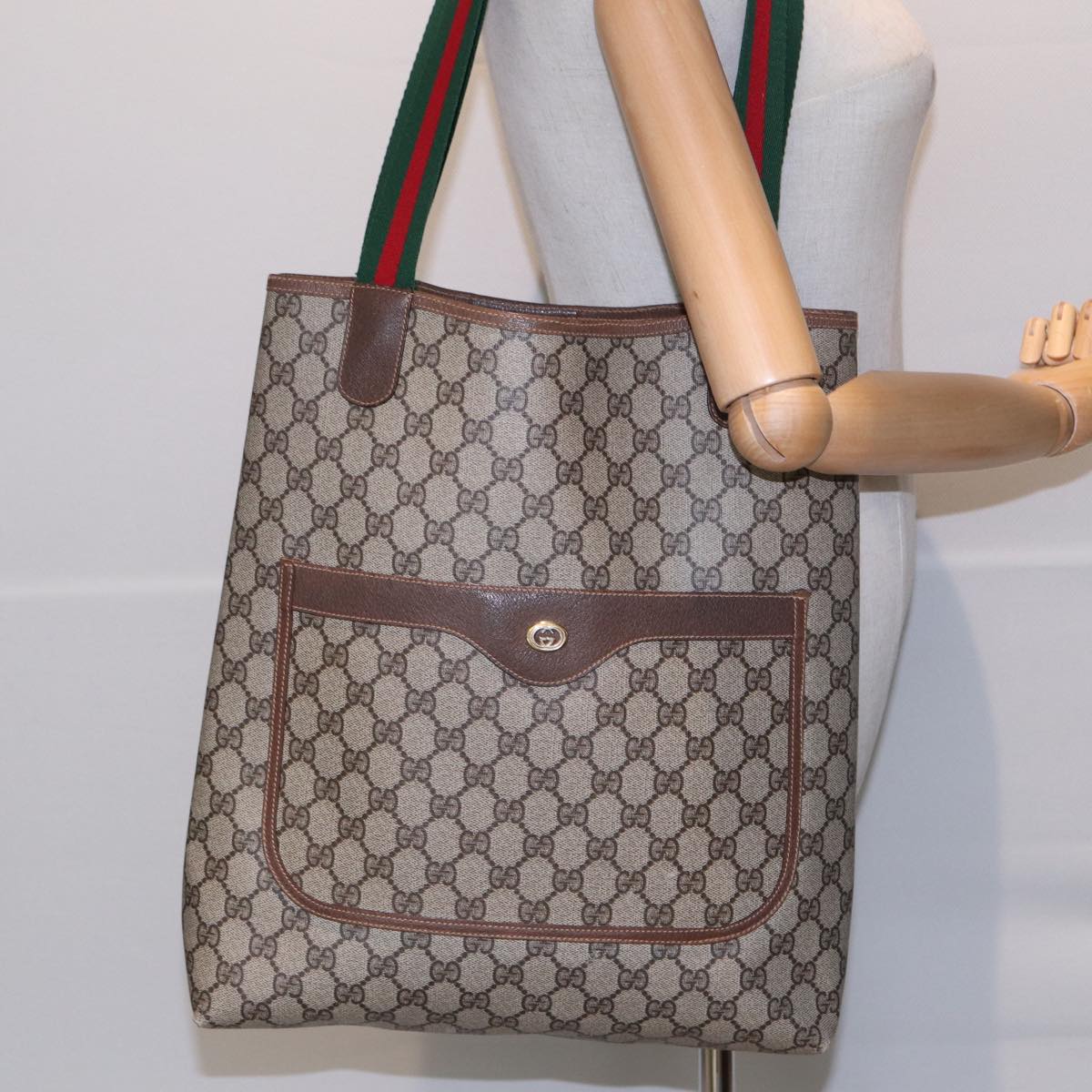 GUCCI GG Canvas Web Sherry Line Tote Bag PVC Leather Beige Green Red Auth kk273