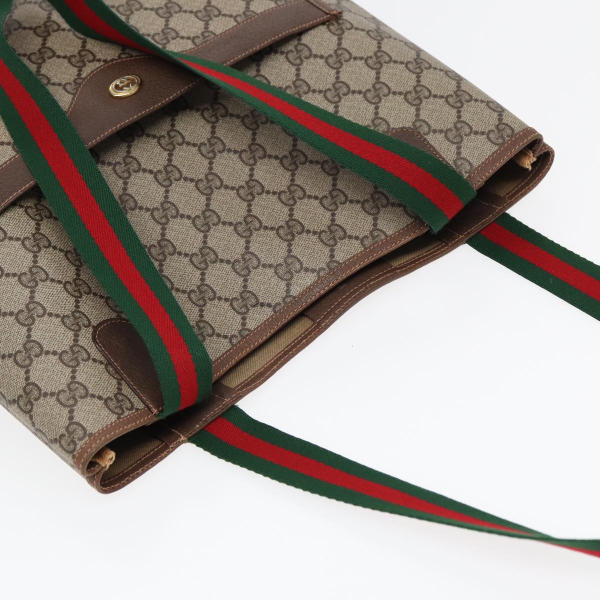 GUCCI GG Canvas Web Sherry Line Tote Bag PVC Leather Beige Green Red Auth kk273