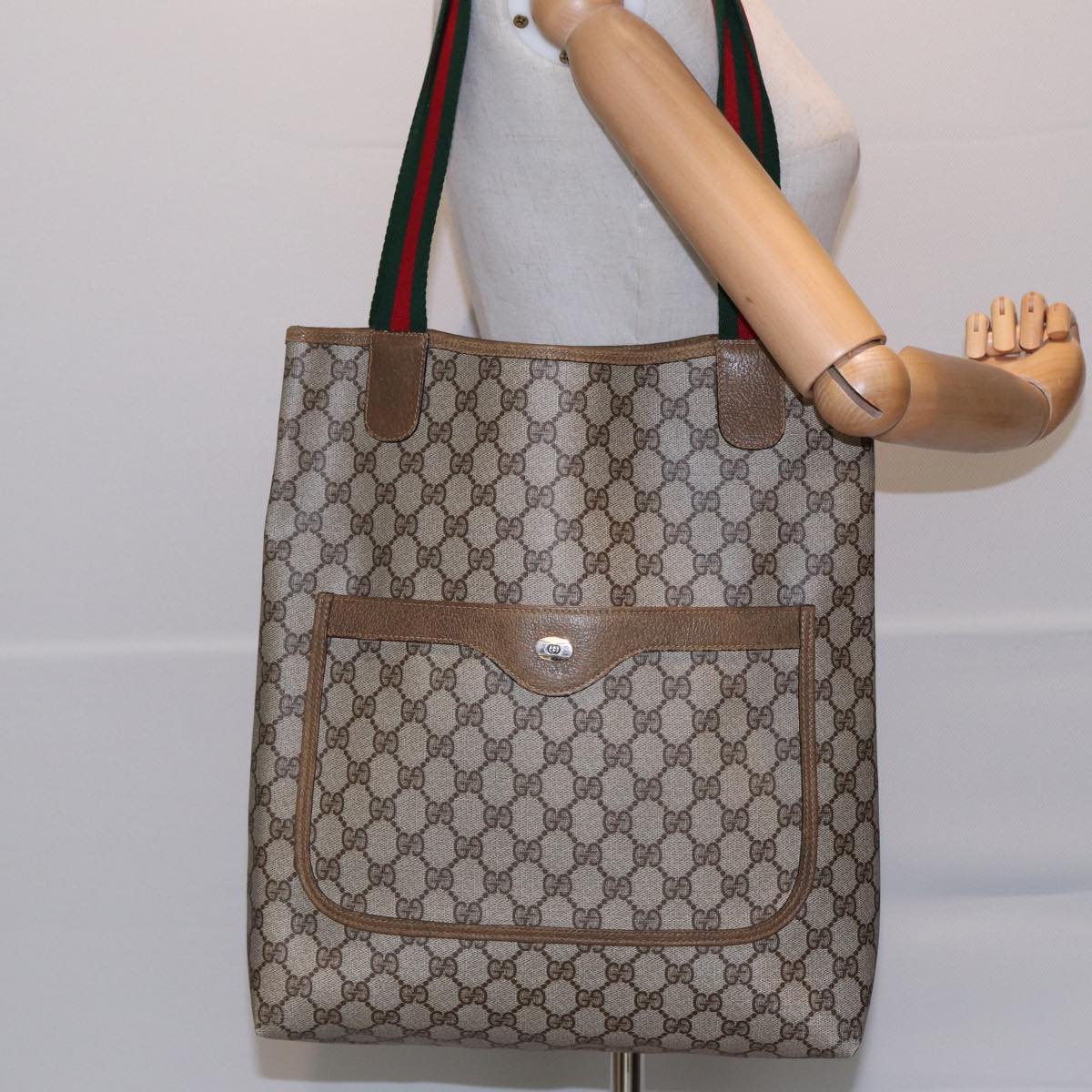 GUCCI GG Canvas Web Sherry Line Tote Bag PVC Leather Beige Green Red Auth kk274