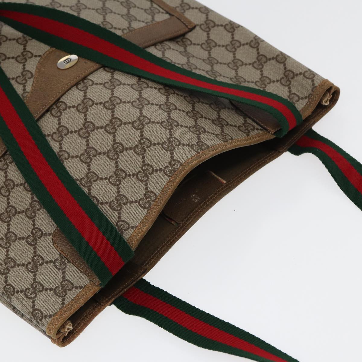 GUCCI GG Canvas Web Sherry Line Tote Bag PVC Leather Beige Green Red Auth kk274