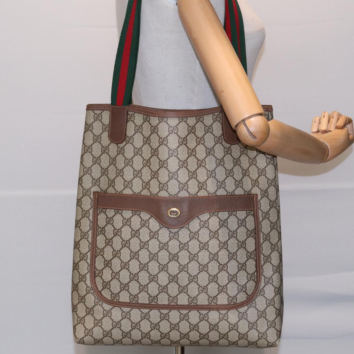 GUCCI GG Canvas Web Sherry Line Tote Bag PVC Leather Beige Green Red Auth kk275