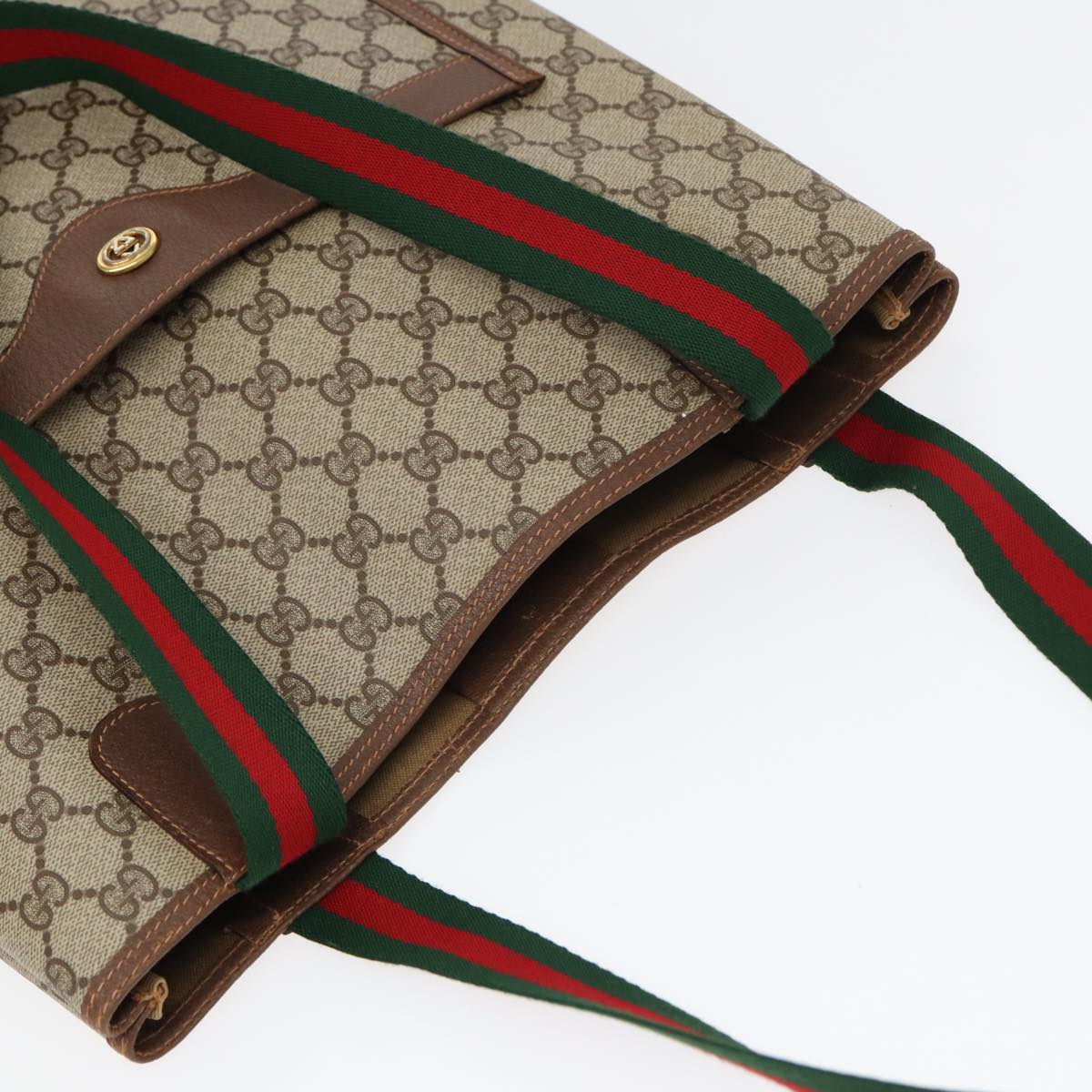 GUCCI GG Canvas Web Sherry Line Tote Bag PVC Leather Beige Green Red Auth kk275