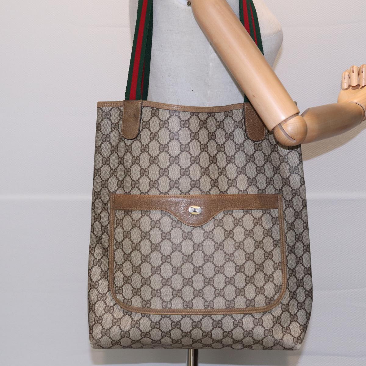 GUCCI GG Canvas Web Sherry Line Tote Bag PVC Leather Beige Green Red Auth kk277