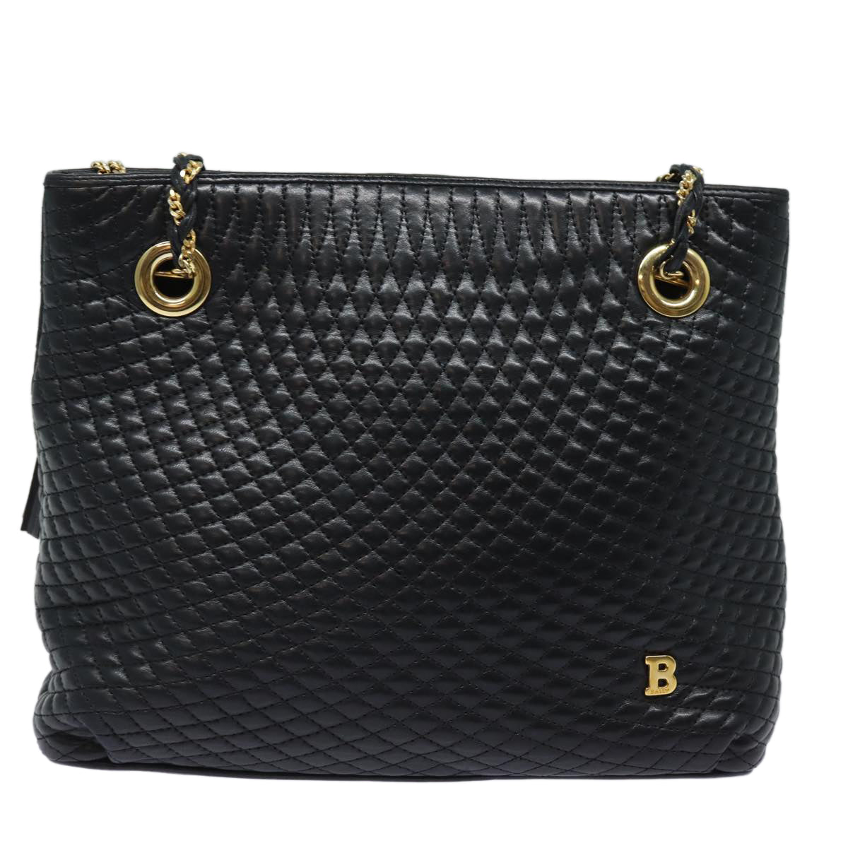 BALLY Quilted Chain Shoulder Bag Leather Black Auth kk278 - 0